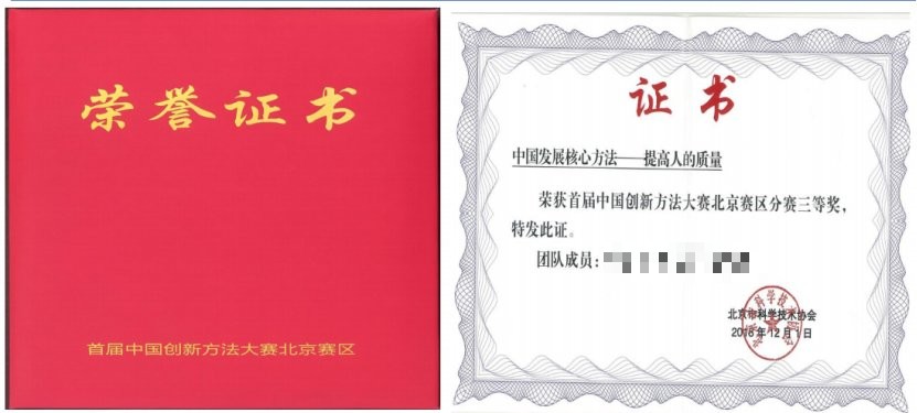 首届中国创新方法大赛荣誉证书（团队成员姓名已作马赛克处理）